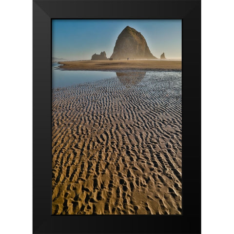 USA- Oregon. Cannon Beach with Haystack near sunset and low tide. Black Modern Wood Framed Art Print by Gulin, Darrell