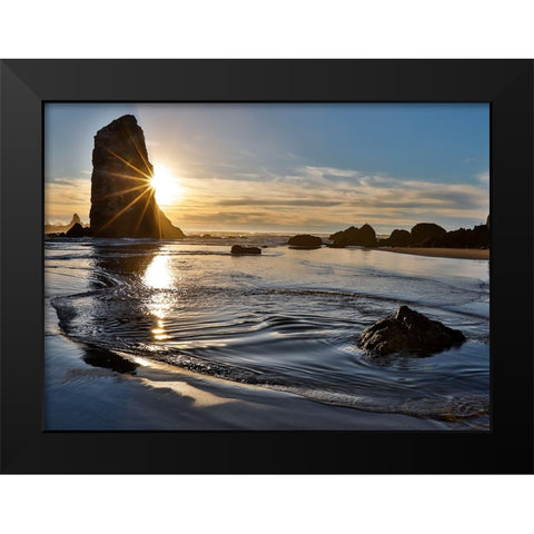 USA- Oregon. Cannon Beach low tide and ripples in the sand and sea stacks at sunset. Black Modern Wood Framed Art Print by Gulin, Darrell