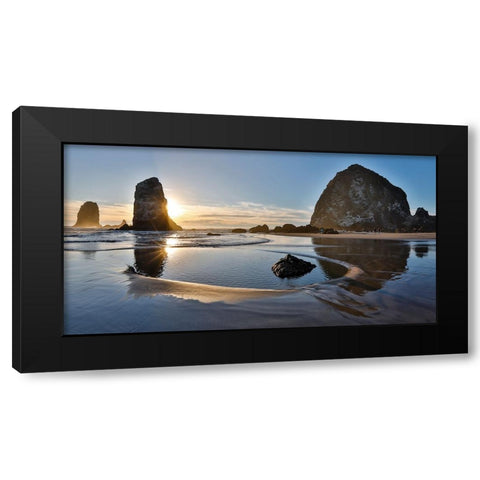 USA- Oregon. Cannon Beach with Haystack near sunset and low tide. Black Modern Wood Framed Art Print with Double Matting by Gulin, Darrell