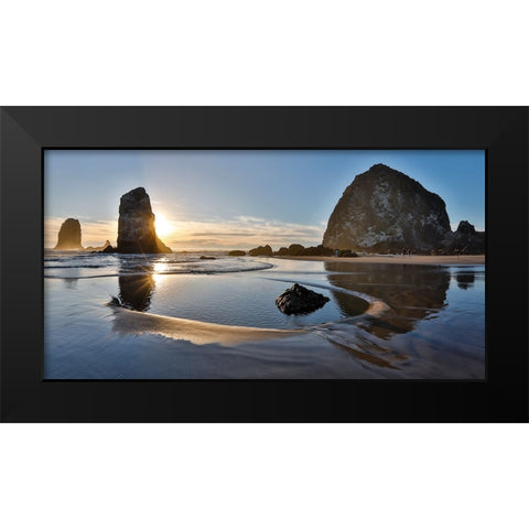 USA- Oregon. Cannon Beach with Haystack near sunset and low tide. Black Modern Wood Framed Art Print by Gulin, Darrell