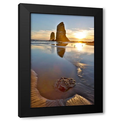 USA- Oregon. Cannon Beach low tide and ripples in the sand and sea stacks at sunset. Black Modern Wood Framed Art Print with Double Matting by Gulin, Darrell