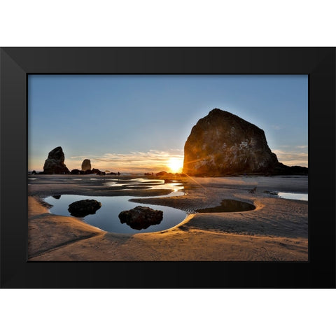 USA- Oregon. Cannon Beach with Haystack near sunset and low tide. Black Modern Wood Framed Art Print by Gulin, Darrell