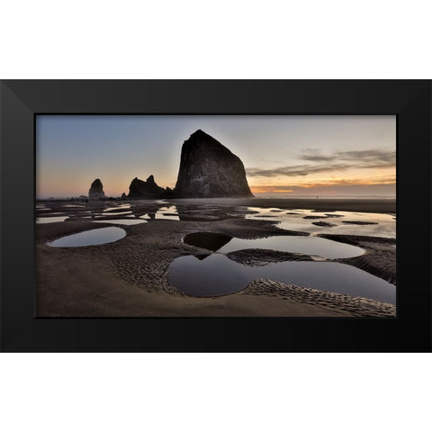 USA- Oregon. Cannon Beach with Haystack near sunset and low tide. Black Modern Wood Framed Art Print by Gulin, Darrell