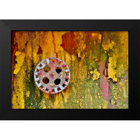 USA- Oregon- Tillamook. Old fire truck with gauges and valves with colorful pealing paint Black Modern Wood Framed Art Print by Gulin, Darrell