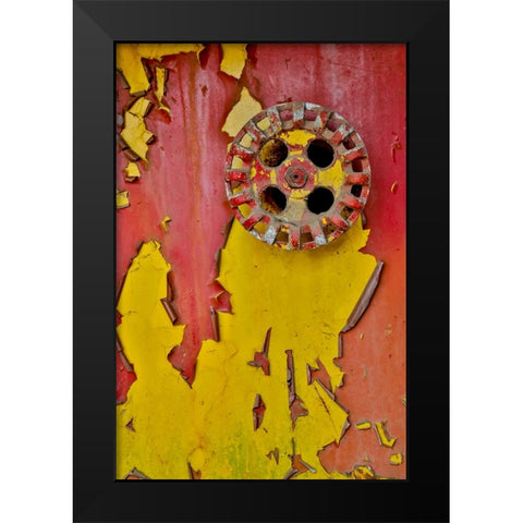 USA- Oregon- Tillamook. Old fire truck with gauges and valves with colorful pealing paint Black Modern Wood Framed Art Print by Gulin, Darrell