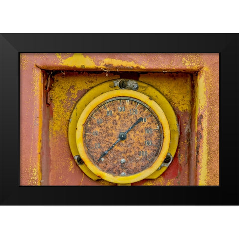 USA- Oregon- Tillamook. Old fire truck with gauges and valves with colorful pealing paint Black Modern Wood Framed Art Print by Gulin, Darrell