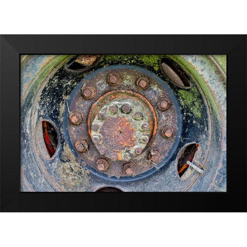 USA- Oregon- Tillamook. Close-up of old and rusted painted truck wheels Black Modern Wood Framed Art Print by Gulin, Darrell