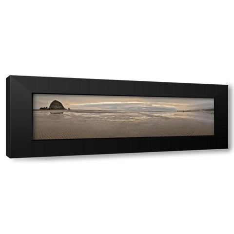 USA- Oregon. Cannon Beach and panorama of Haystack at sunset and low tide. Black Modern Wood Framed Art Print by Gulin, Darrell