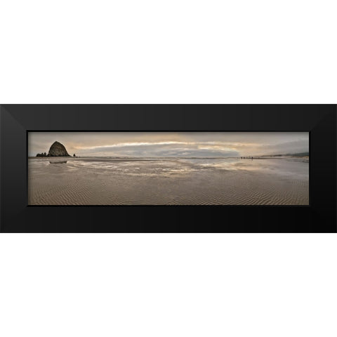 USA- Oregon. Cannon Beach and panorama of Haystack at sunset and low tide. Black Modern Wood Framed Art Print by Gulin, Darrell