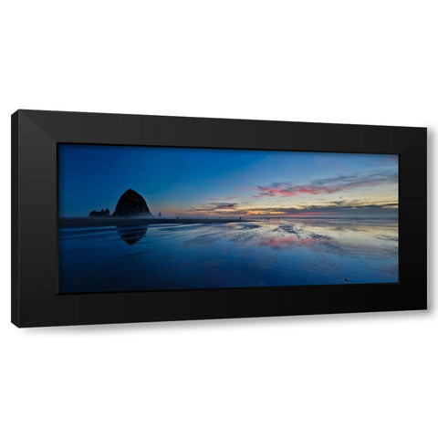 USA- Oregon. Cannon Beach and panorama of Haystack at sunset and low tide. Black Modern Wood Framed Art Print by Gulin, Darrell
