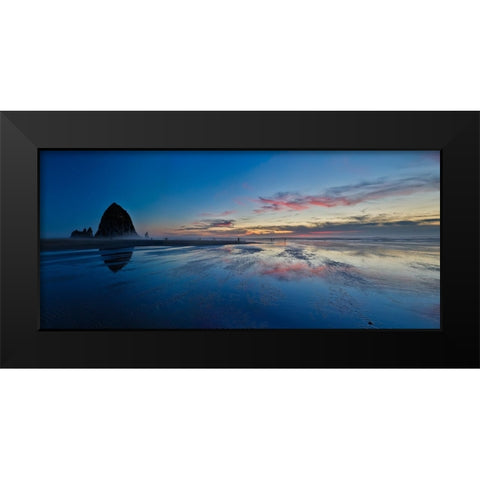 USA- Oregon. Cannon Beach and panorama of Haystack at sunset and low tide. Black Modern Wood Framed Art Print by Gulin, Darrell