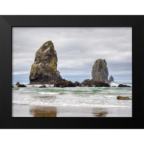 Oregon-Cannon Beach Needle Seastack-stormy sky Black Modern Wood Framed Art Print by Wild, Jamie and Judy