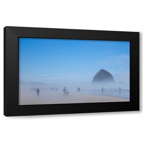 Oregon-Cannon Beach Haystack Rock-beachgoers in fog Black Modern Wood Framed Art Print with Double Matting by Wild, Jamie and Judy