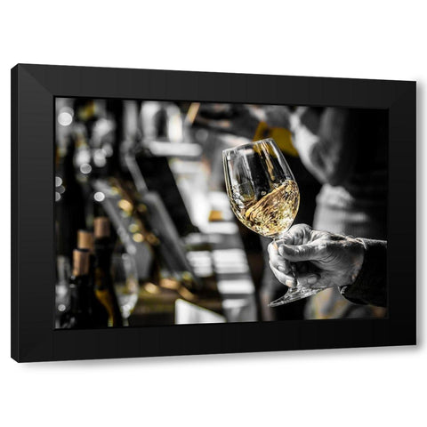 Oregon-Portland White wine swirl in glass at Portland wine tasting event Black Modern Wood Framed Art Print by Duval, Richard
