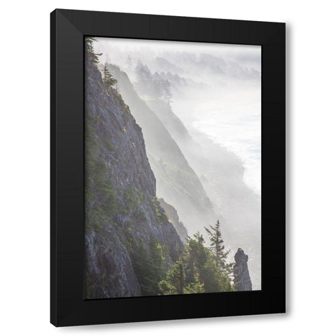 Oregon-Oswald West State Park and cliff bluffs looking towards Manzanita with lifting fog Black Modern Wood Framed Art Print with Double Matting by Gulin, Sylvia