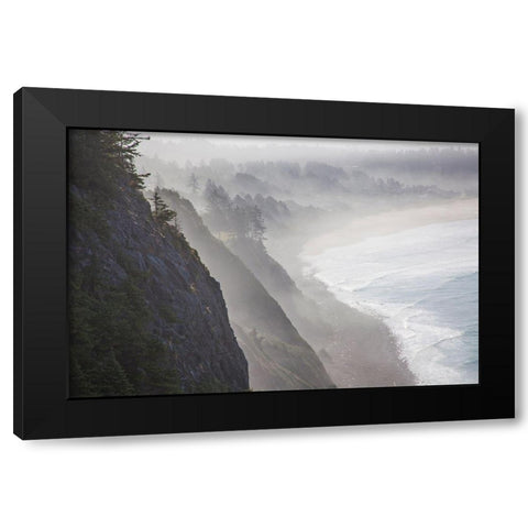 Oregon-Oswald West State Park and cliff bluffs looking towards Manzanita with lifting fog Black Modern Wood Framed Art Print with Double Matting by Gulin, Sylvia