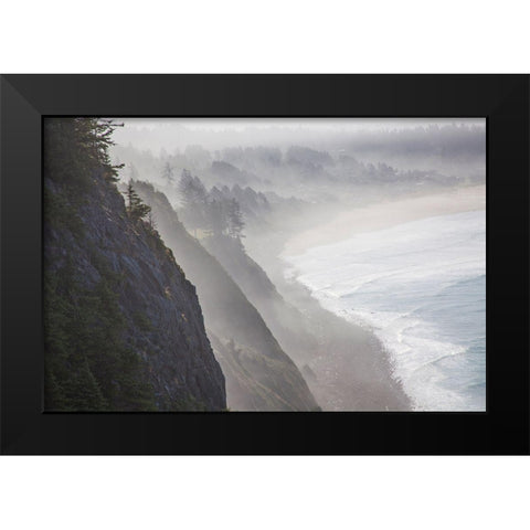Oregon-Oswald West State Park and cliff bluffs looking towards Manzanita with lifting fog Black Modern Wood Framed Art Print by Gulin, Sylvia