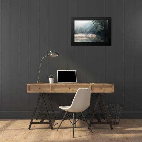 Georgia Sunlit mist on bridge over lake Black Modern Wood Framed Art Print by Rotenberg, Nancy