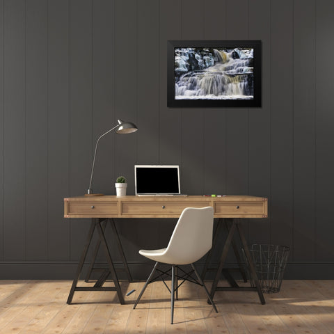 PA, Waterfall flows past rocks in Childs Park Black Modern Wood Framed Art Print by OBrien, Jay