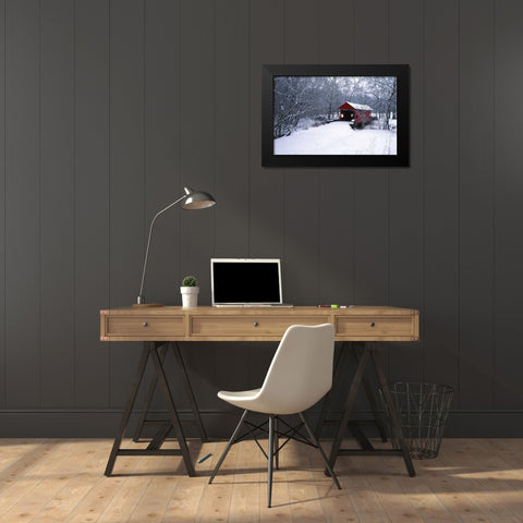 PA, Mariana Co, Hughes Covered Bridge in winter Black Modern Wood Framed Art Print by Rotenberg, Nancy