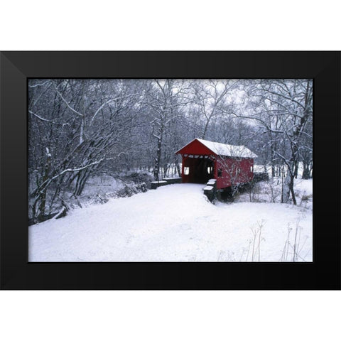 PA, Mariana Co, Hughes Covered Bridge in winter Black Modern Wood Framed Art Print by Rotenberg, Nancy