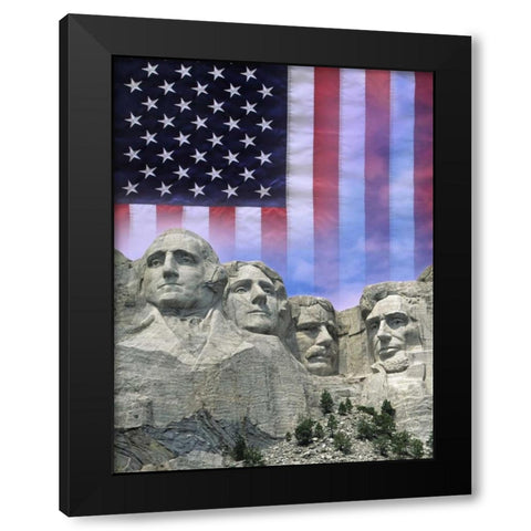 South Dakota American flag and Mt Rushmore NM Black Modern Wood Framed Art Print with Double Matting by Flaherty, Dennis