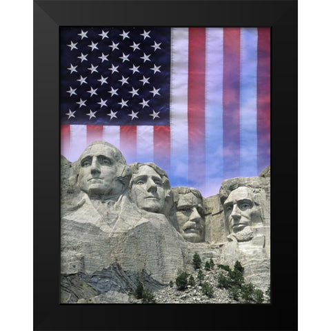 South Dakota American flag and Mt Rushmore NM Black Modern Wood Framed Art Print by Flaherty, Dennis