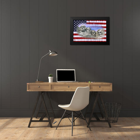 South Dakota American flag and Mt Rushmore NM Black Modern Wood Framed Art Print by Flaherty, Dennis