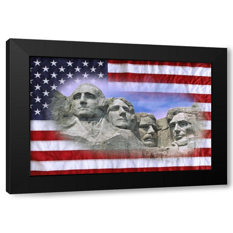 South Dakota American flag and Mt Rushmore NM Black Modern Wood Framed Art Print with Double Matting by Flaherty, Dennis