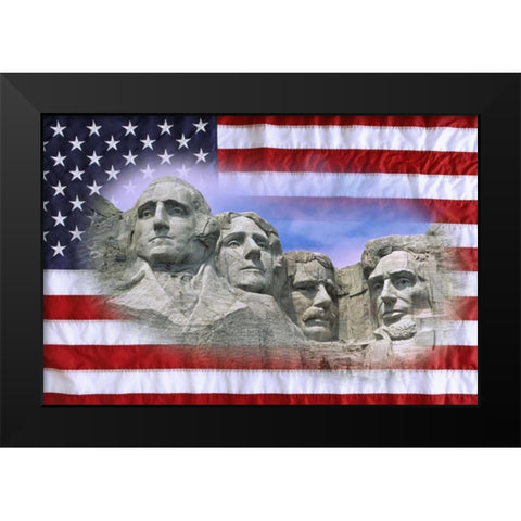 South Dakota American flag and Mt Rushmore NM Black Modern Wood Framed Art Print by Flaherty, Dennis