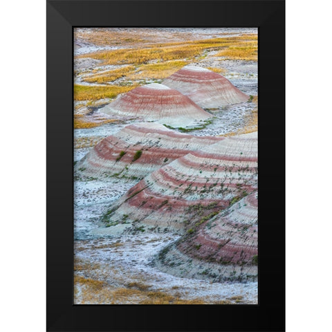 A half circle of rounded mounds or hoodoo-sharply striated with reds Black Modern Wood Framed Art Print by Haddad, Sheila