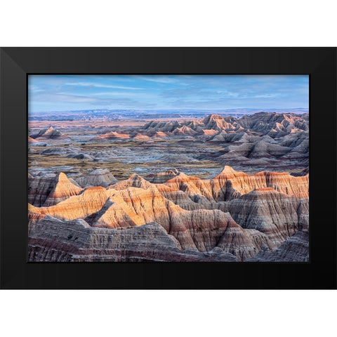 Formations of striated hoodoo lead the eye to a plateau and more peaks Black Modern Wood Framed Art Print by Haddad, Sheila
