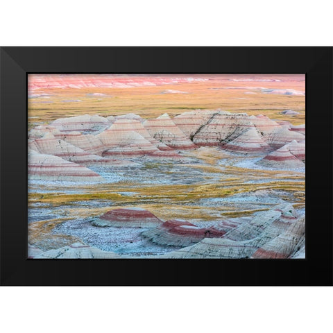 A circular grouping of hoodoo mounds-interspersed with yellow grasses-pinks and red mixed in Black Modern Wood Framed Art Print by Haddad, Sheila
