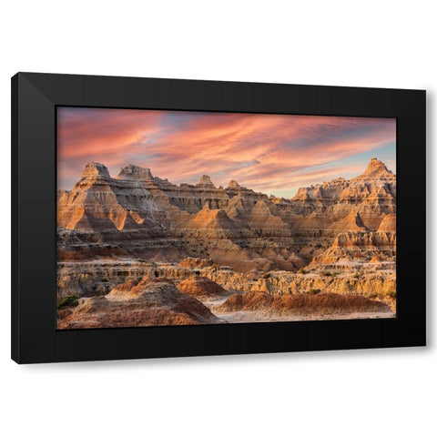 Magnificent set of striated hoodoos set against the backdrop of sunset colors in the sky Black Modern Wood Framed Art Print by Haddad, Sheila