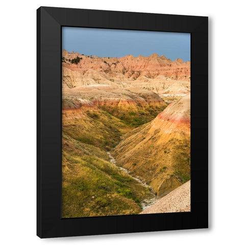 The grassy valley with dry creek is fed by the run off of the hoodoos lining the side Black Modern Wood Framed Art Print by Haddad, Sheila