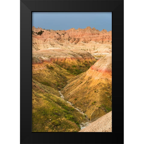The grassy valley with dry creek is fed by the run off of the hoodoos lining the side Black Modern Wood Framed Art Print by Haddad, Sheila