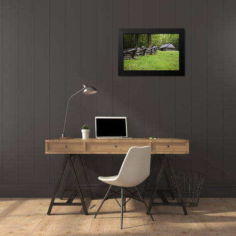 TN, Great Smoky Mts Fence and abandoned stable Black Modern Wood Framed Art Print by Flaherty, Dennis