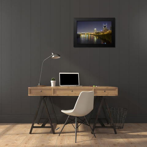 TN, Nashville City lights reflected in the River Black Modern Wood Framed Art Print by Grall, Don