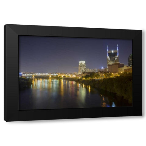 TN, Nashville City lights reflected in the River Black Modern Wood Framed Art Print by Grall, Don