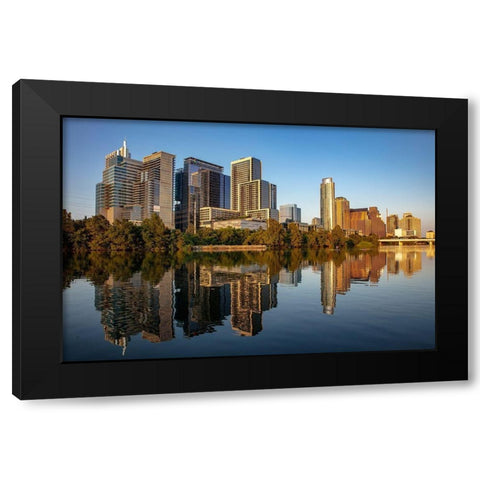 City skyline reflects in the Colorado River in Austin-Texas-USA Black Modern Wood Framed Art Print by Haney, Chuck