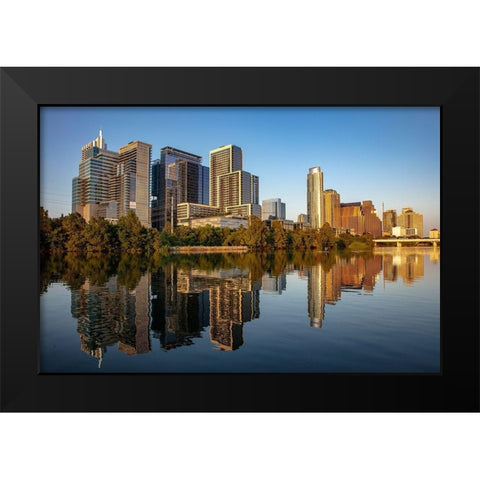 City skyline reflects in the Colorado River in Austin-Texas-USA Black Modern Wood Framed Art Print by Haney, Chuck