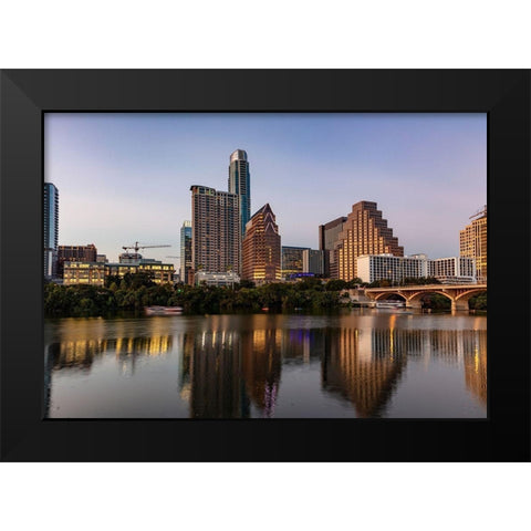 City skyline reflects in the Colorado River in Austin-Texas-USA Black Modern Wood Framed Art Print by Haney, Chuck