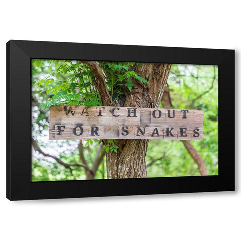 Castroville-Texas-USA-Sign warning snakes in the Texas Hill Country Black Modern Wood Framed Art Print by Wilson, Emily M.