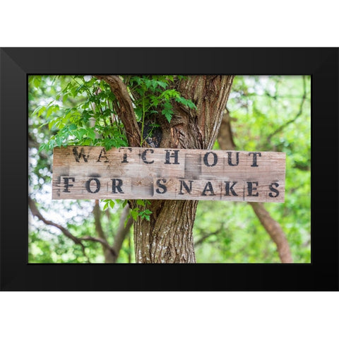 Castroville-Texas-USA-Sign warning snakes in the Texas Hill Country Black Modern Wood Framed Art Print by Wilson, Emily M.
