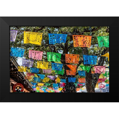Mexican Market Square-Flags Symbols christmas paper decorations-San Antonio-Texas Black Modern Wood Framed Art Print by Perry, William