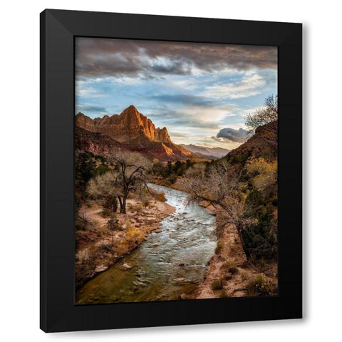 Utah-Zion National Park-Sunset lights up The Watchman and the Virgin River Black Modern Wood Framed Art Print with Double Matting by Collins, Ann