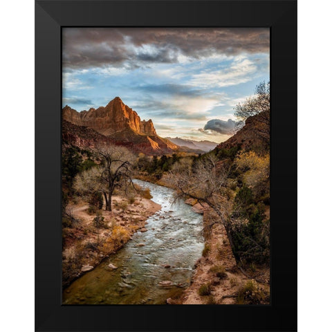 Utah-Zion National Park-Sunset lights up The Watchman and the Virgin River Black Modern Wood Framed Art Print by Collins, Ann