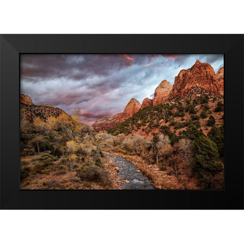 Utah-Zion National Park-A fiery sunset lights up Zions Virgin River and cottonwood trees Black Modern Wood Framed Art Print by Collins, Ann