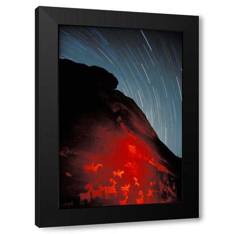 USA, Utah, Arches NP, Petroglyphs and star trails Black Modern Wood Framed Art Print with Double Matting by Kirkland, Dennis