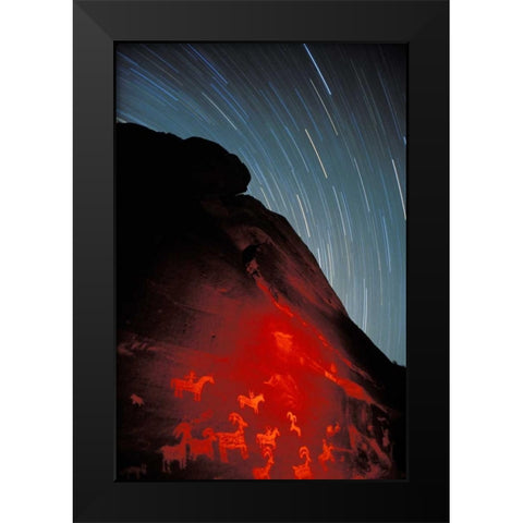 USA, Utah, Arches NP, Petroglyphs and star trails Black Modern Wood Framed Art Print by Kirkland, Dennis